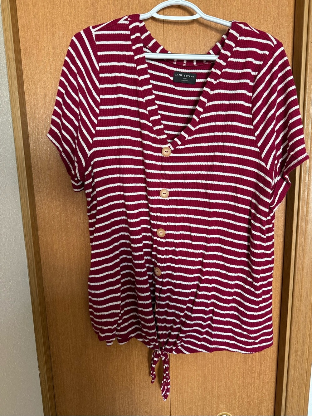 Lane Bryant Burgundy & White Striped Button-Front Tie-Hem Top - Picture 1 of 5
